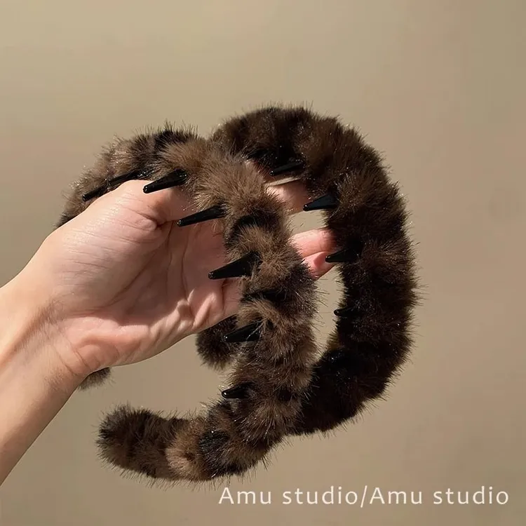 秋冬气质豹纹毛绒发箍女带齿洗脸压发头箍高颅顶防滑碎发整理发卡