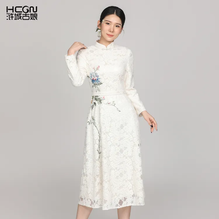 浒城古娘秋季中国风花简洁优雅长袖女繁华蕾丝连衣裙CMT17788