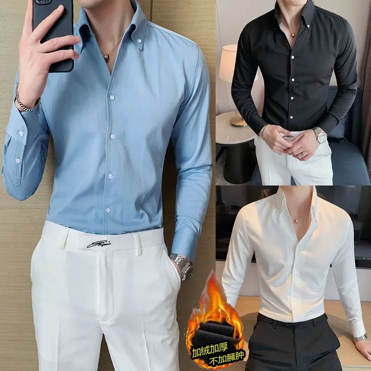 高级设计感小众男士V领衬衫商务休闲韩版修身礼服领长袖加绒衬衣