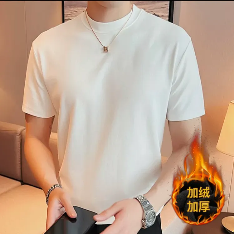 加绒加厚短袖T恤男冬季厚实保暖半袖打底衫修身小圆领内搭上衣服