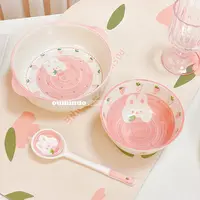 【草莓兔3件套】7.5英寸双耳碗大容量泡面甜品米饭碗陶瓷宿舍扭扭勺