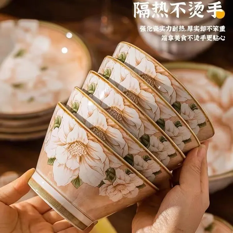 【山茶花斗笠碗】复古轻奢5英寸斗笠碗饭碗陶瓷家用釉下彩高颜值