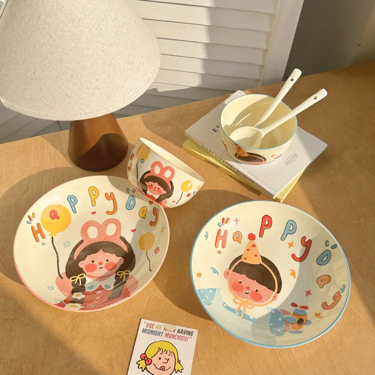 aa[家有儿女]6件套-4.5英寸饭碗加盘子加勺家用可爱餐具高颜值