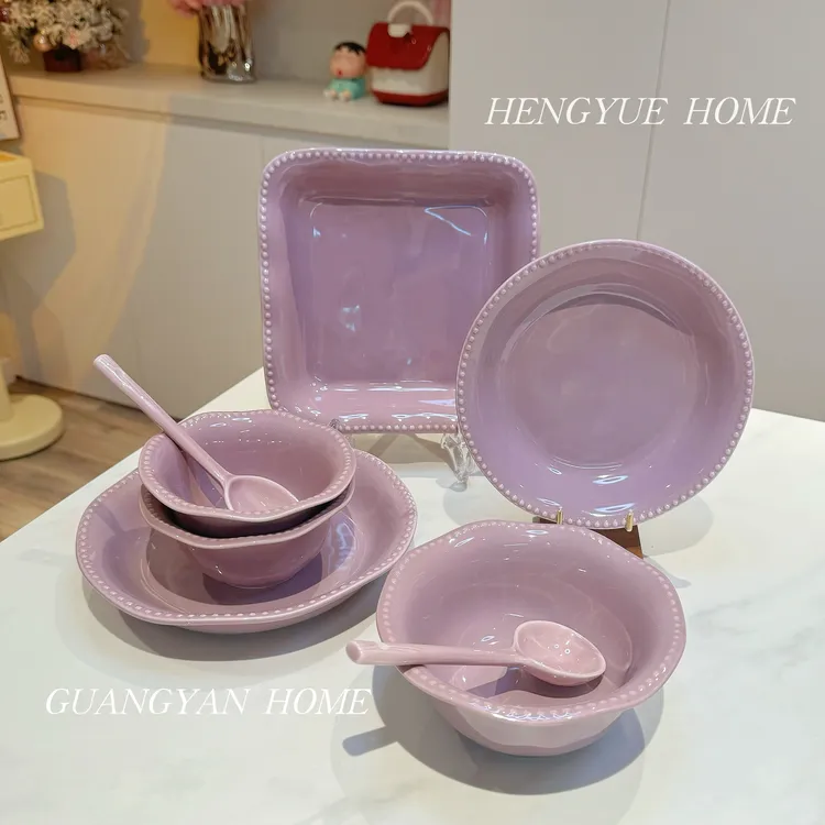 [法式珠点]8件套陶瓷釉下彩轻奢家用餐具套装盘碗组合装