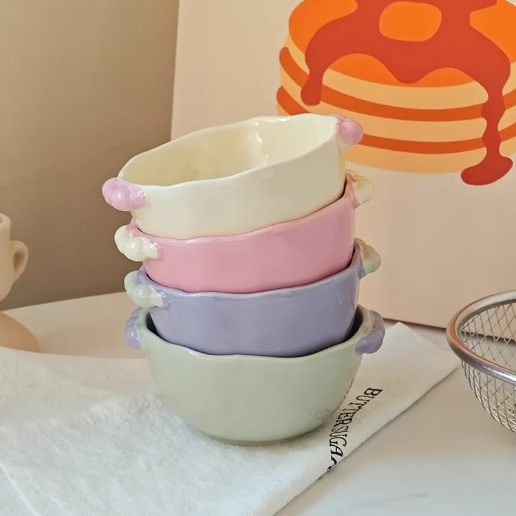 【拼色珠点4碗4勺】4.5英寸可爱糖豆双耳珠点米饭碗陶瓷釉下彩