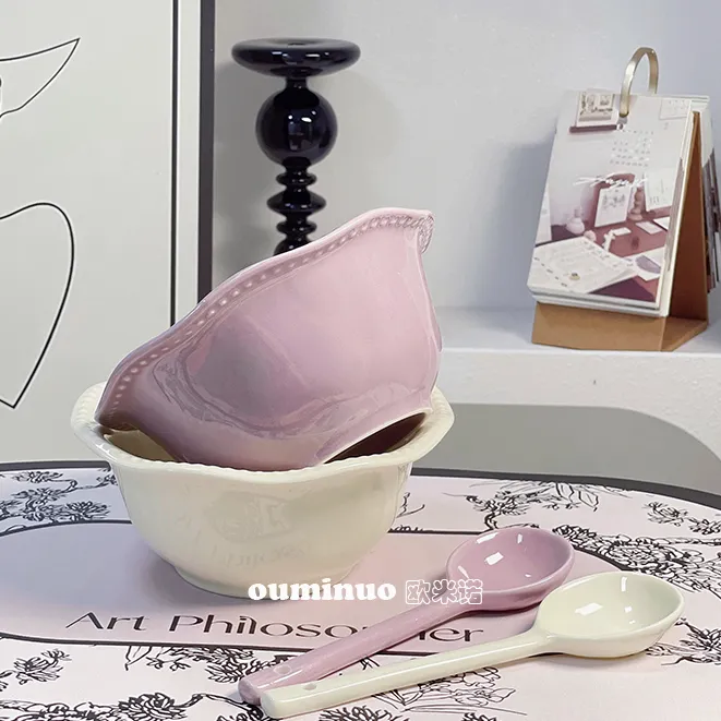 [法式珠点2面碗2勺]6寸面碗网红家用创意陶瓷釉下彩餐具吃饭碗