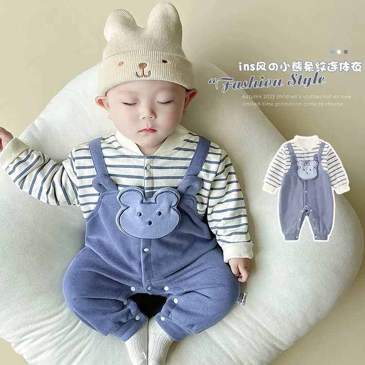 网红婴儿春秋连体衣儿童外穿宝宝衣服长袖假俩件洋气外套韩式爬服