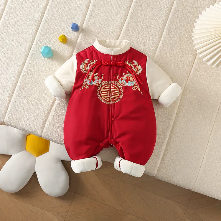 冬季婴儿中国风加棉连体百天周岁宝宝红色喜庆爬服福鱼前开棉哈衣