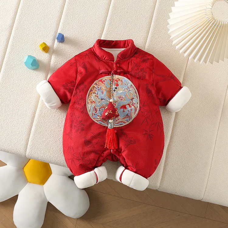 冬季婴儿复古新中式唐装加绒加厚周岁抓周男女宝宝百天喜庆拜年服