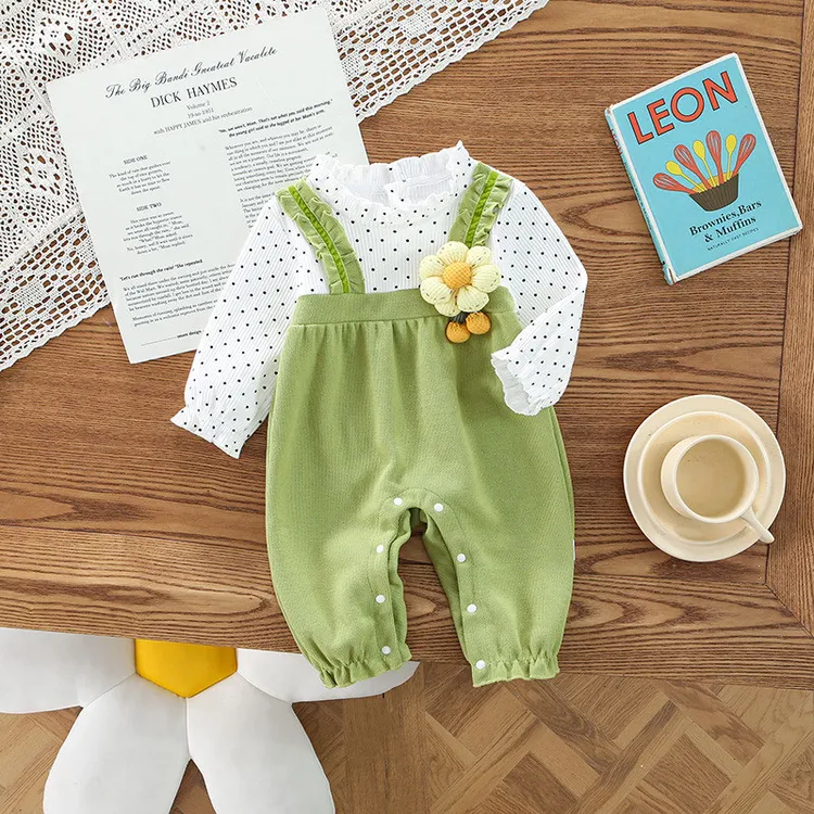 春秋款森系花朵时尚可爱背带波点哈衣女童长袖婴儿洋气宝宝连体衣