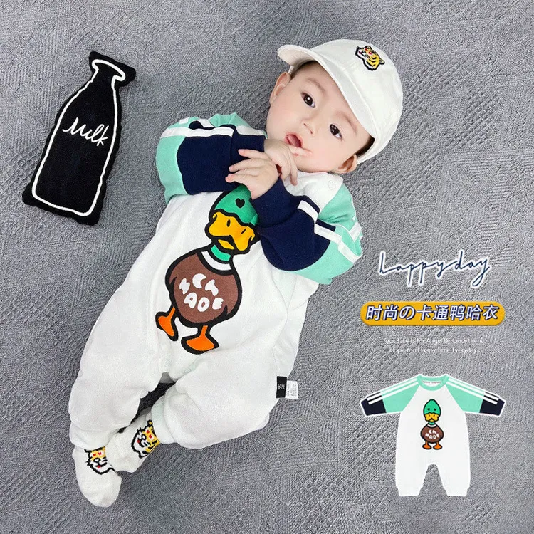 春秋婴儿纯棉连体衣0-18个月宝宝长袖套头哈衣秋装衣服卡通鸭爬服