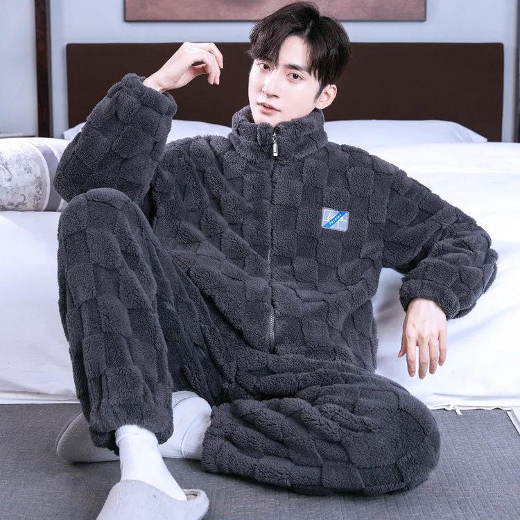 珊瑚绒睡衣男秋冬季长袖保暖套装加绒加厚法兰绒简约家居服可外穿