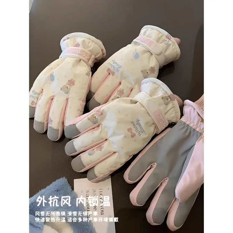 寻势滑雪手套女士冬季可爱小熊保暖防寒防水加绒触屏骑车防滑户外