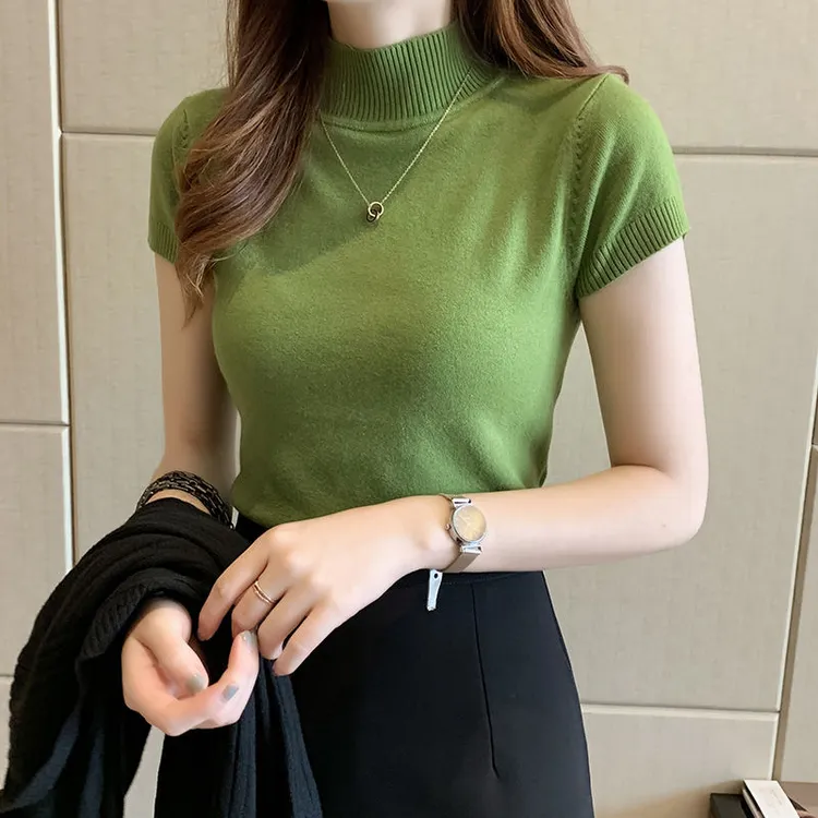 显瘦夏款半高领打底衫t恤女薄短半袖针织衫内搭毛衣短款修身上衣
