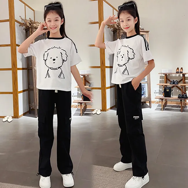 女童短袖T恤套装2025夏季新款中大童上衣学生少女百搭休闲工装裤