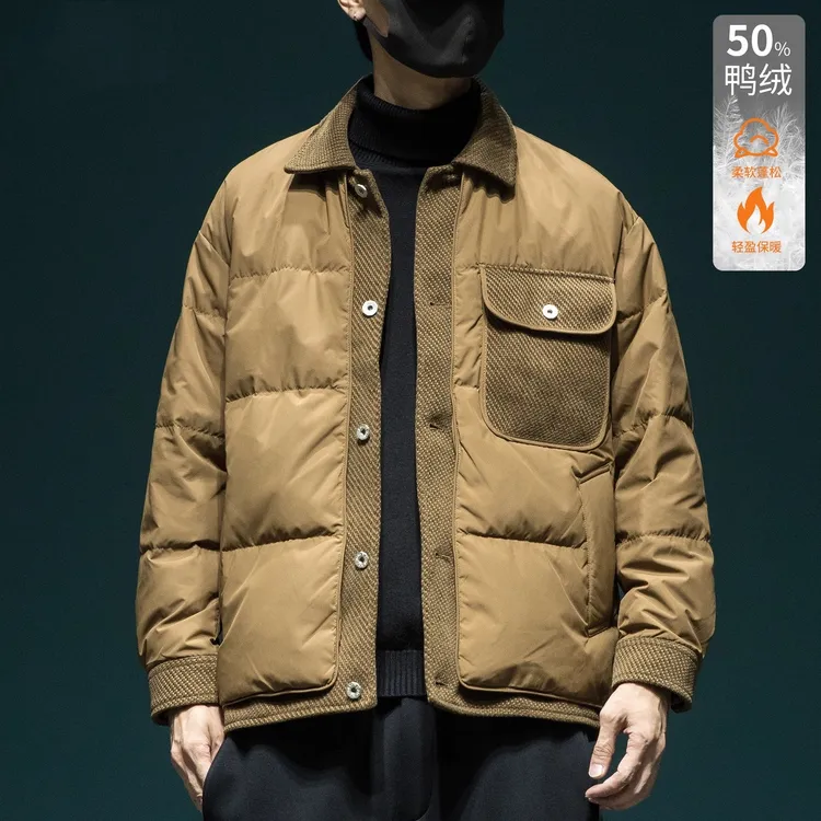 设计感假两件拼接款鸭绒羽绒服男宽松大码冬季防风保暖衬衫领外套