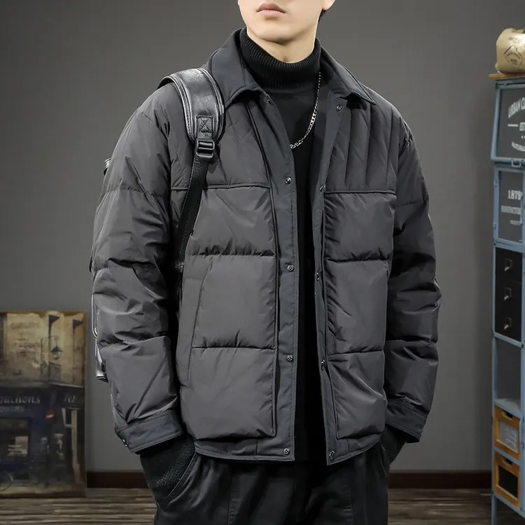 2025冬季新款假两件轻薄男士羽绒服宽松时尚潮流翻领棉衣保暖外套
