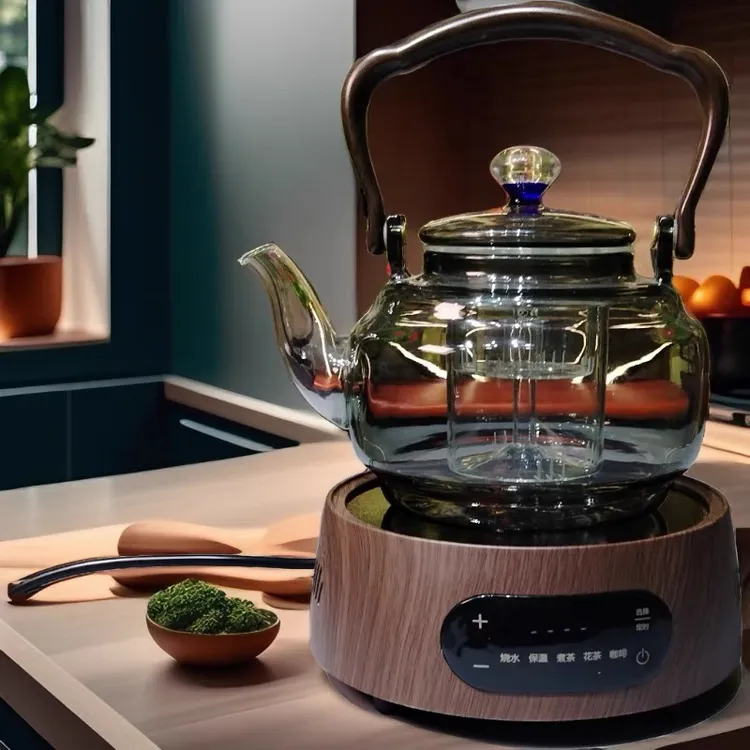 高硼硅玻璃星空盖蒸煮一体四代壶（元宝木纹炉+星韵壶+四杯）