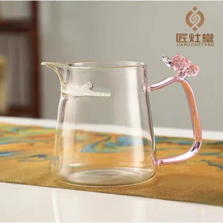 高硼硅玻璃加厚粉色蝴蝶系列公道杯煮茶壶带月牙过滤公道杯