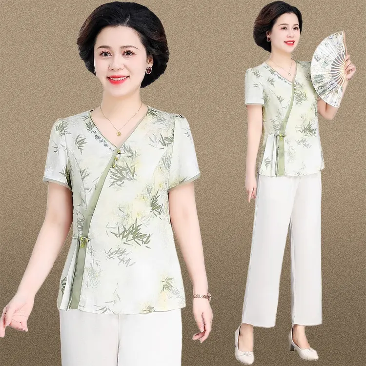 2025新款妈妈夏装新中式国风套装贵夫人夏季两件套中老年雪纺上衣