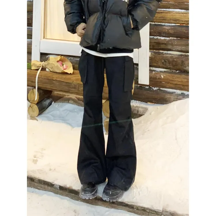 RETEL美式秋冬褶皱微喇显瘦口袋工装裤美式潮牌复古设计感休闲裤