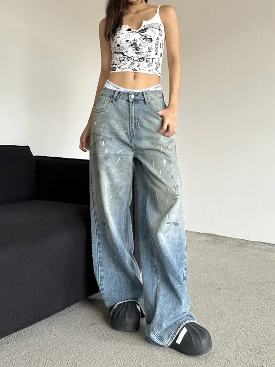 RETEL美式脏旧泼墨设计感牛仔裤女高街宽松直筒堆积感裤子潮流冬