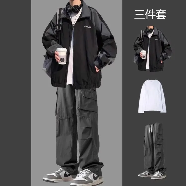 秋冬美式撞色夹克男套装痞帅潮牌冲锋衣外套穿搭牛仔裤三件套衣服