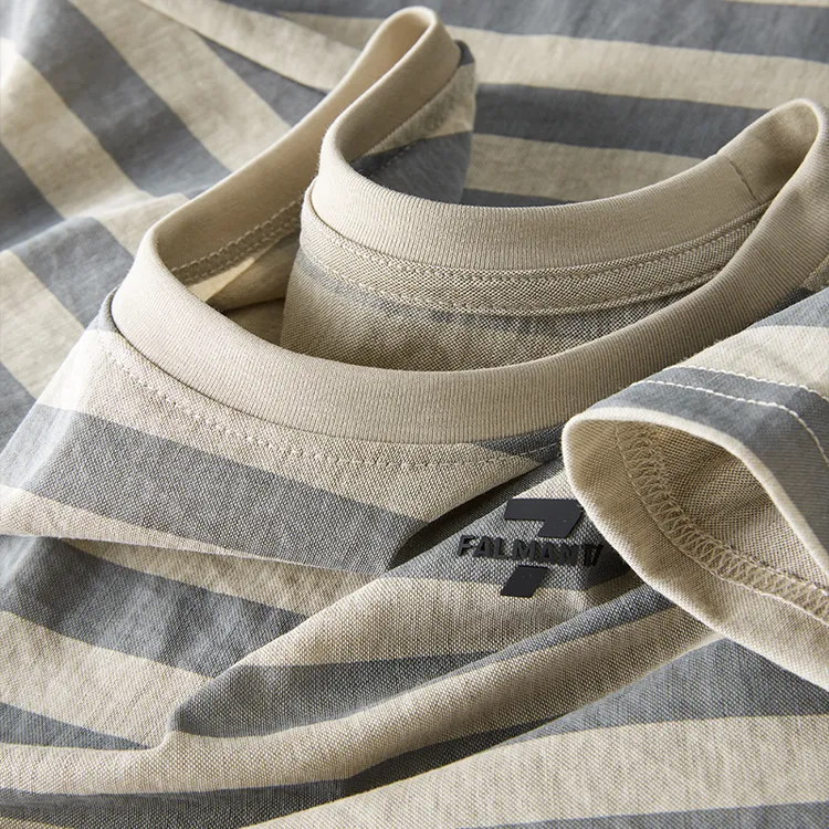 高端夏季牛津纺棉麻短袖t恤男士2024新薄款条纹凉感修身圆领体恤