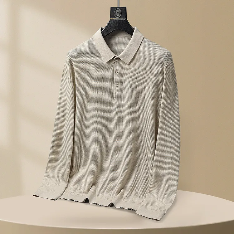 combo/康博大码男士秋季桑蚕丝绵羊毛菠萝纹针织翻领长袖Polo衫