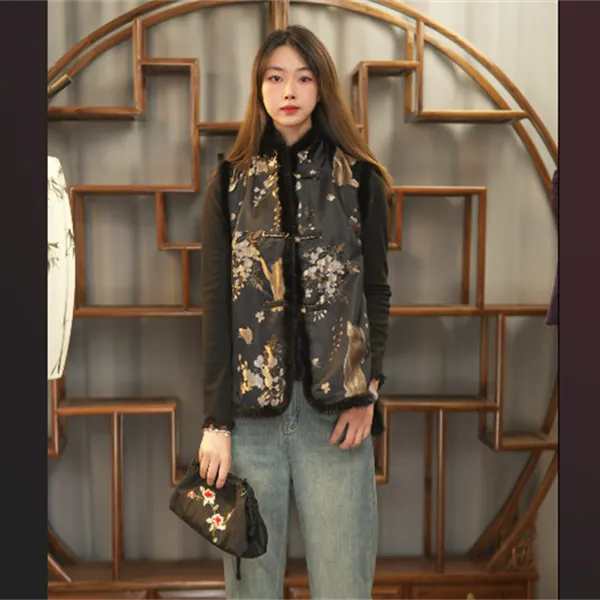 【威曼】2024秋冬新款蚕丝棉宋锦新中式无袖女士水貂毛马夹