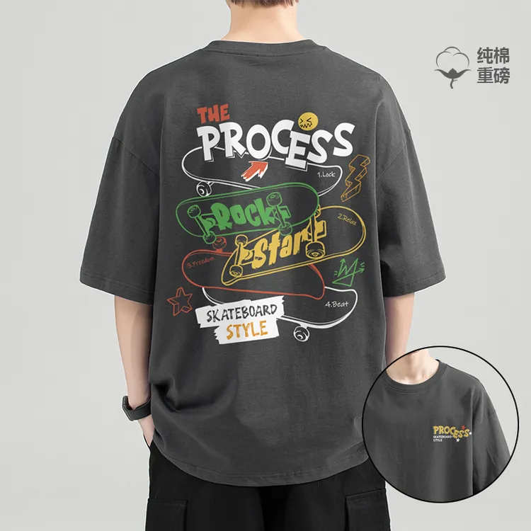 短袖T恤印花男纯棉新爆款重磅美式2024宽松潮牌学生半袖上衣2135