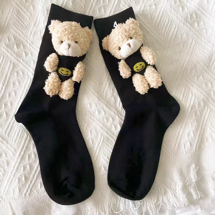 【GuiYuJuan】立体小熊潮袜子女韩国ins彩色笑脸中筒网红小众个性