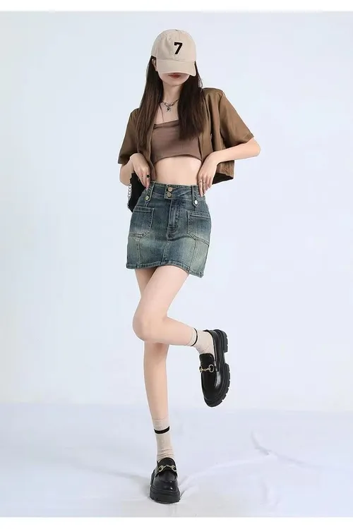 高腰线牛仔短裙弹力A字修身时尚高腰夏季小个子短款洋气包臀裙