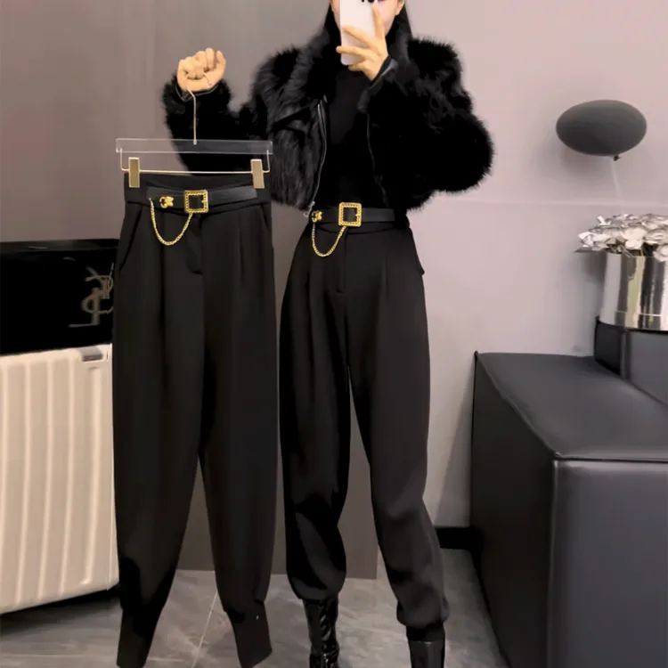 今年流行的爆款裤子女2024冬季小个子高腰束脚黑色小脚哈伦裤时尚