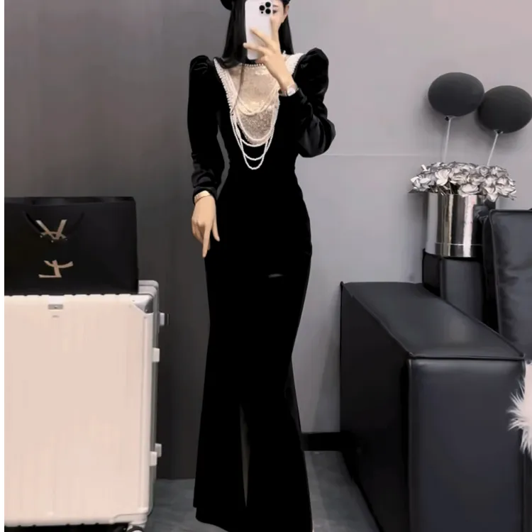 黑色晚礼服女冬季新款轻奢气质小众高端长袖宴会鱼尾连衣裙时尚