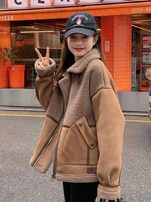 麂皮绒皮毛一体外套女冬季新款加厚短款羊羔拼接外套机车夹克棉服