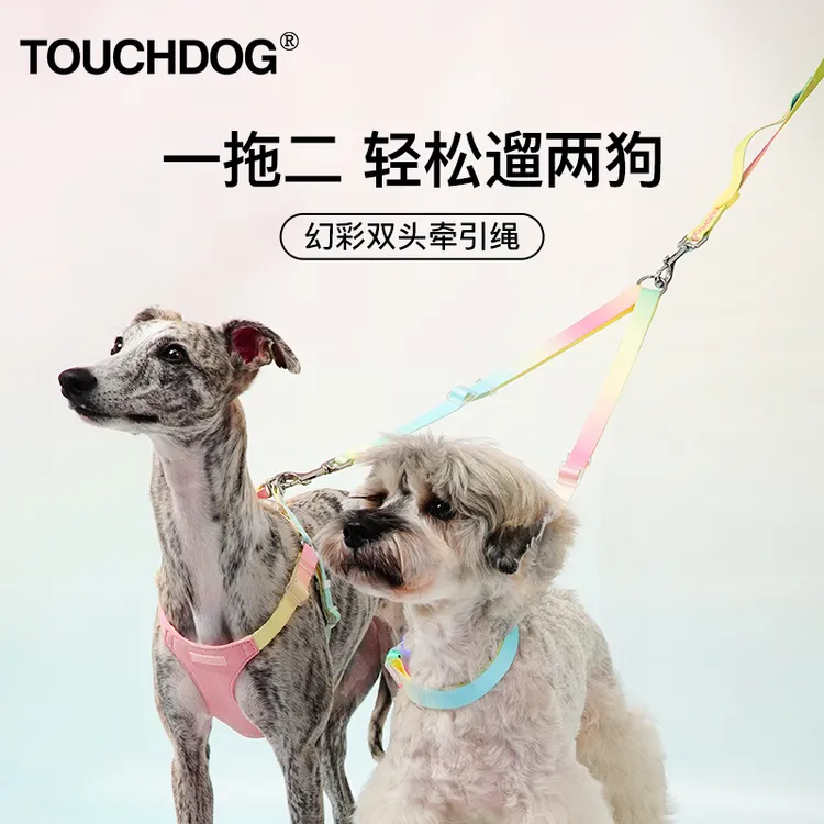 Touchdog/它它幻彩狗狗双头牵引绳一拖二狗绳狗链拴狗绳宠物牵绳