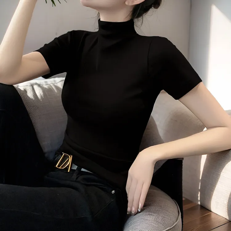 黑色短袖T恤女半高领针织内搭春夏洋气显瘦螺纹修身打底衫上衣ins