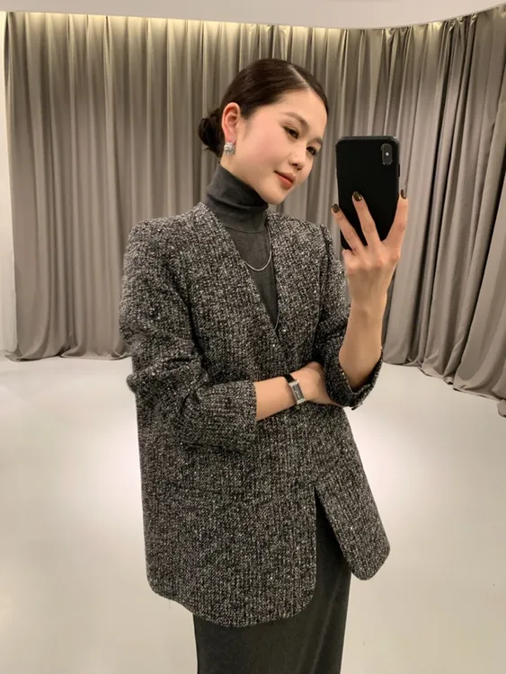 MISS BAO 高货无领超重工羊毛混纺西装套装