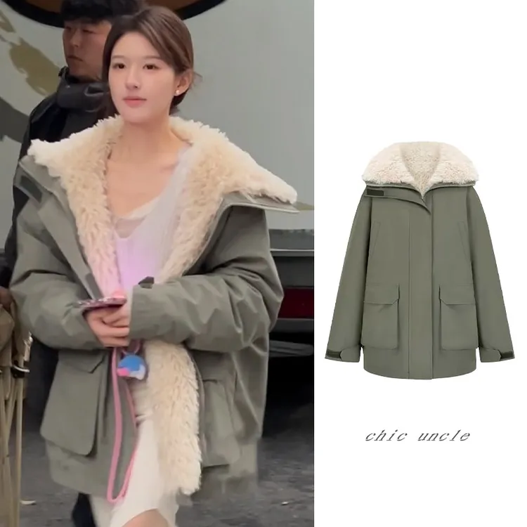 赵露思同款高级感军绿色羊羔毛绒派克服女冬季棉衣棉服冲锋衣外套
