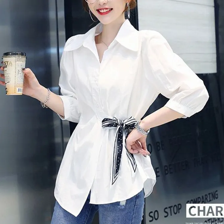 2024新款七分袖衬衫时尚洋气早春上衣女大码胖mm遮肚藏肉收腰