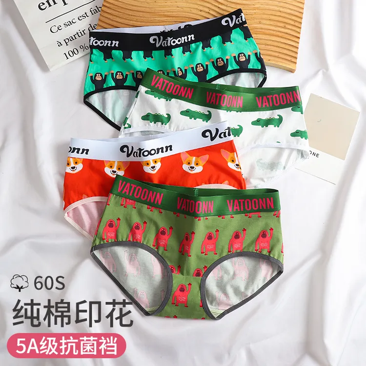 女士内裤女生纯棉抗菌裆les帅t卡通印花中腰简约舒适三角裤大码