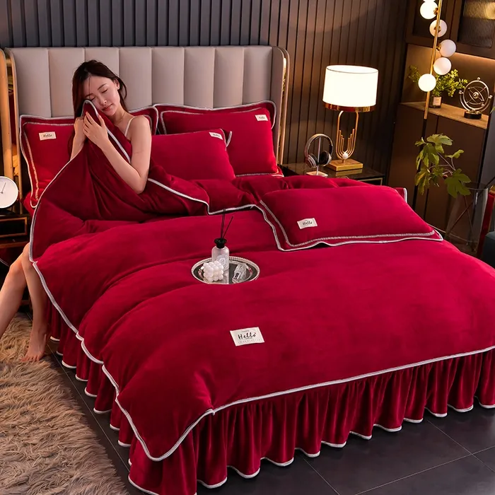 新款加厚保暖牛奶绒四件套纯色柔软细腻加绒毛绒被套床上用品