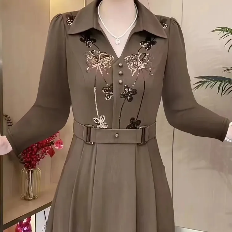 高档轻奢2025年春秋季新款长袖贵夫人修身亮片刺绣收腰显瘦连衣裙