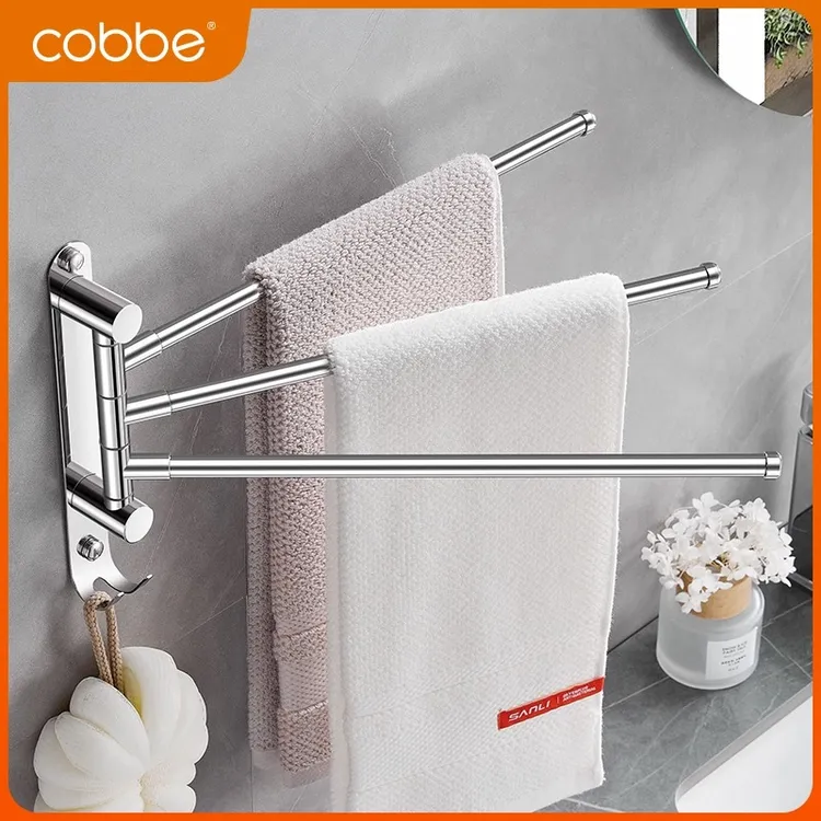 卡贝304不锈钢免打孔卫生间毛巾架折叠旋转毛巾杆架子浴室置物架