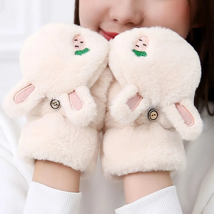 冬季新款加厚毛绒保暖学生手套可爱兔子翻盖卡通刺绣款防寒手套