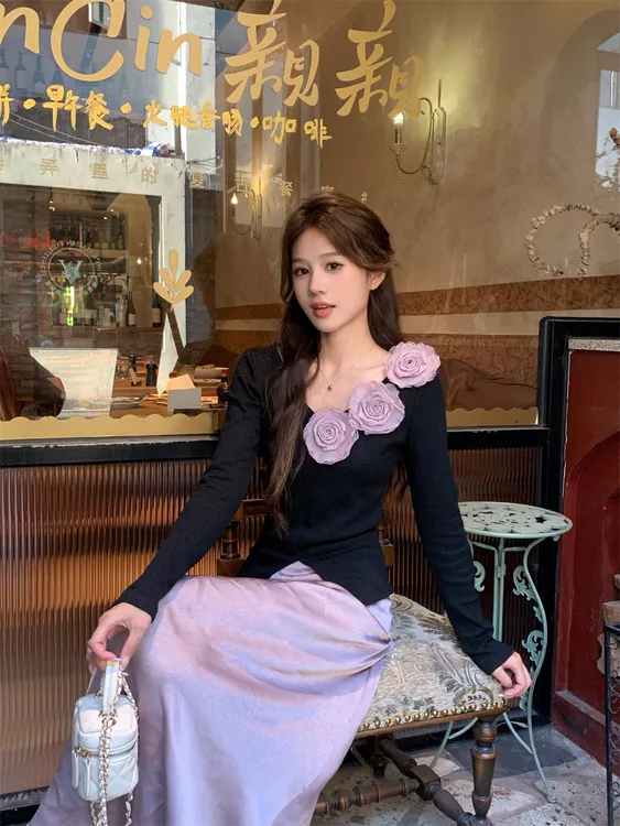 立体玫瑰修身V领气质长袖针织衫显瘦半身长裙女2024秋季时尚套装