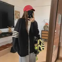 韩版拼色条纹v领针织开衫女2025秋冬新款慵懒风宽松外穿毛衣外套