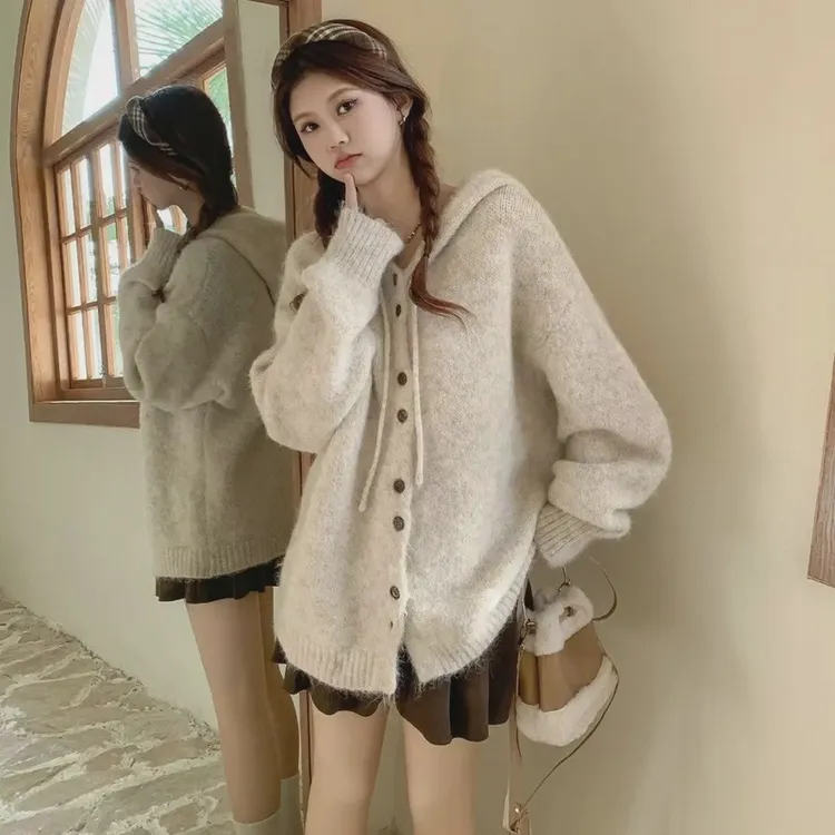 韩系温柔慵懒风连帽开衫毛衣女秋冬新款宽松百搭针织上衣外套潮