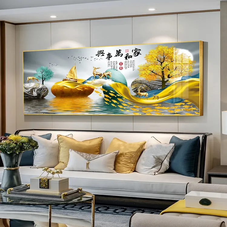 中式客厅画轻奢沙发背景墙挂画手工设计艺术山水画晶瓷装饰画金框